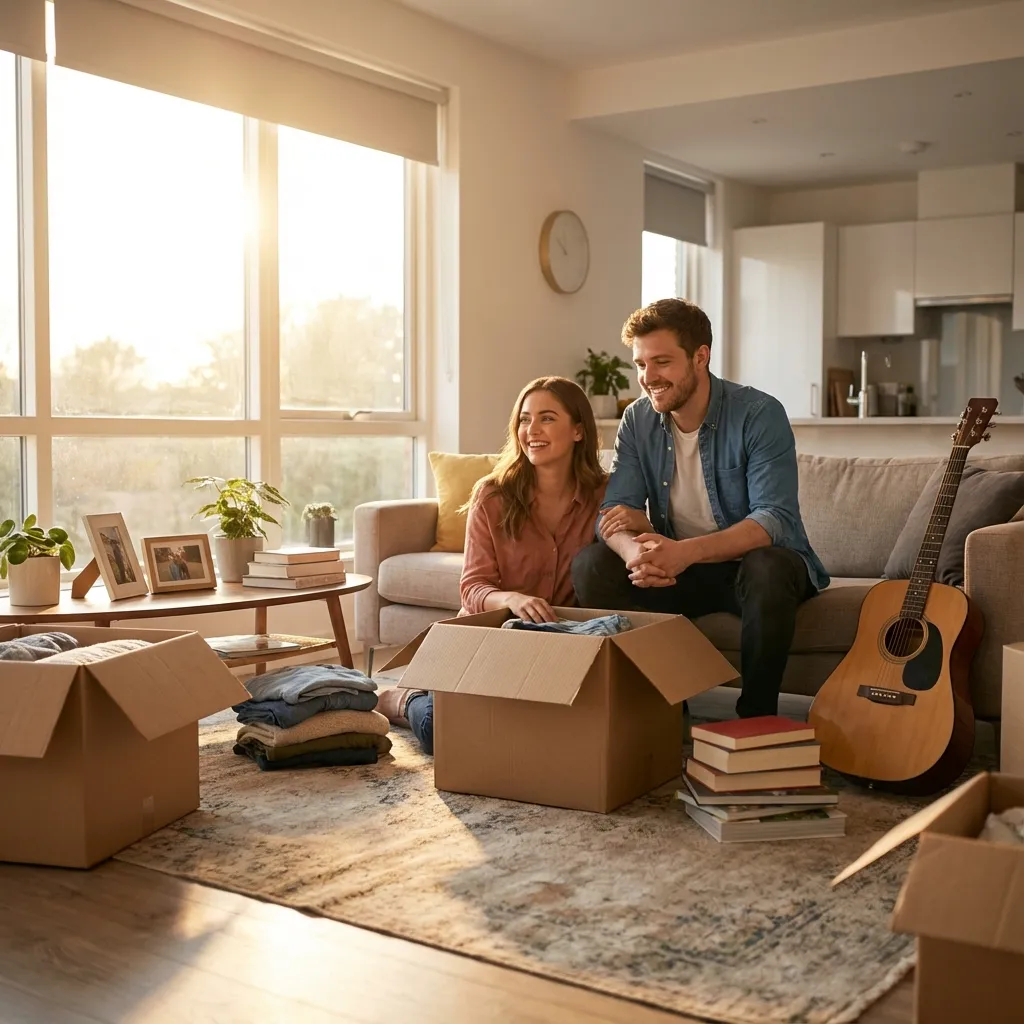 Family unpacking in new home