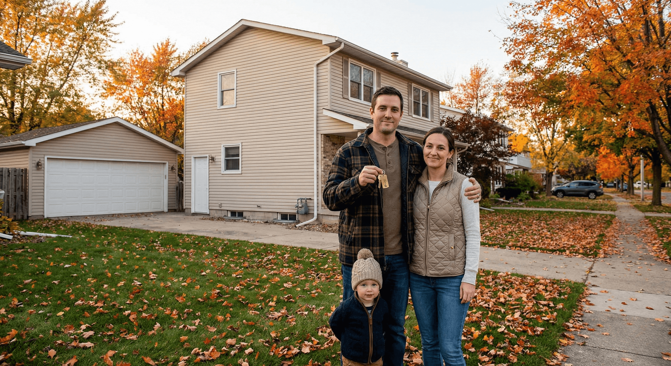 Family standing outside their new home holding keys on a sunny autumn day, representing the milestone of homeownership through rent-to-own