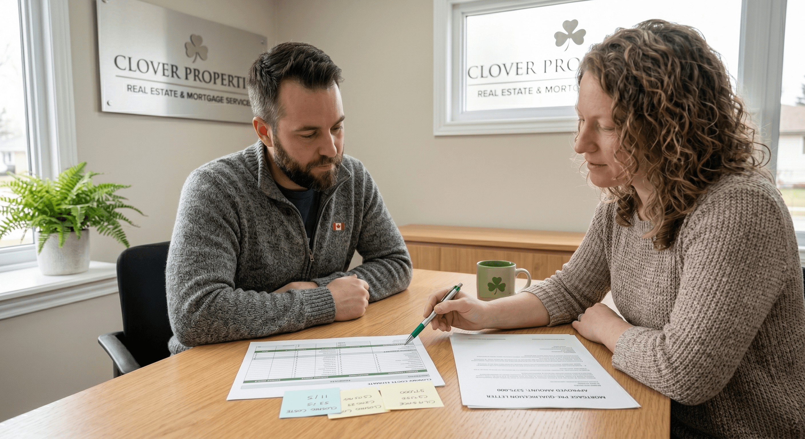 A couple reviewing rent-to-own budget documents at the Clover Properties office, working through the stress test numbers together
