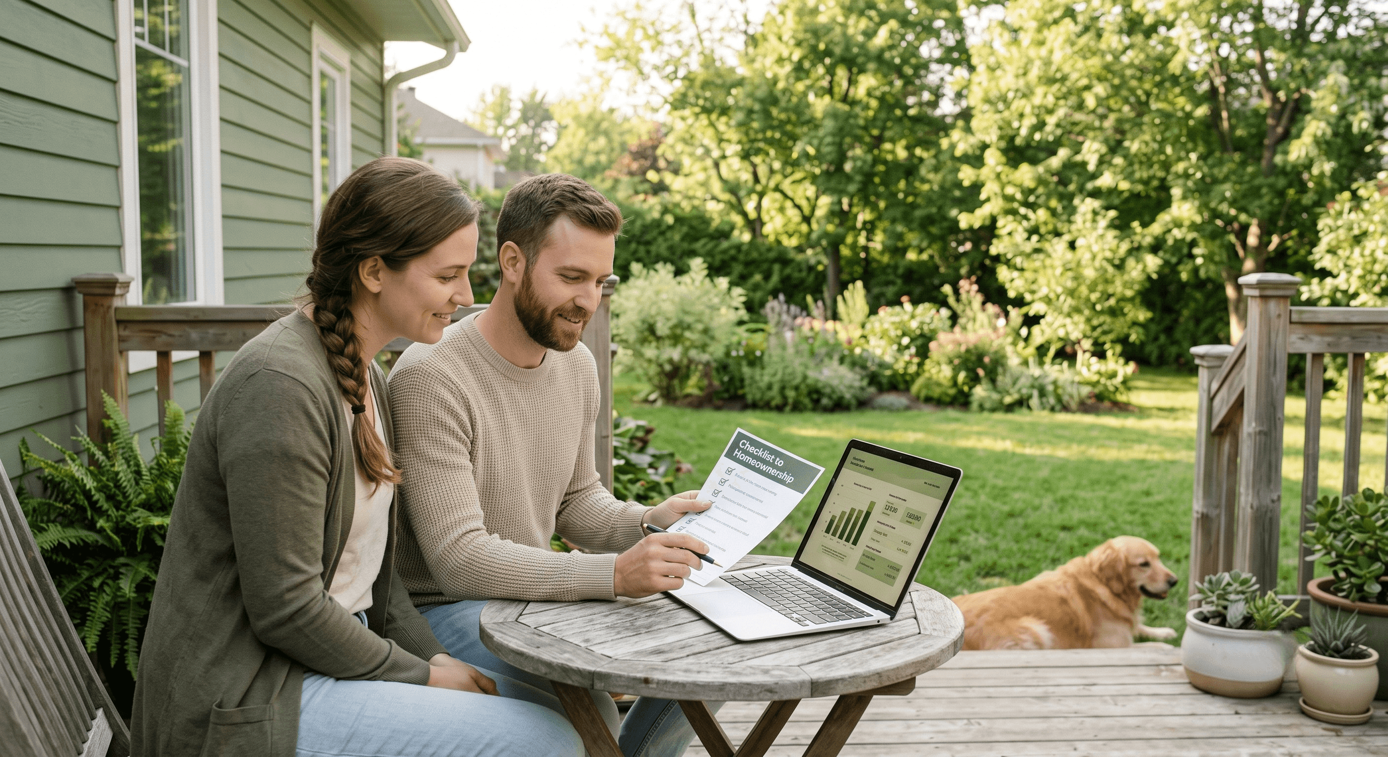 Couple reviewing a rent-to-own qualification checklist and financial documents
