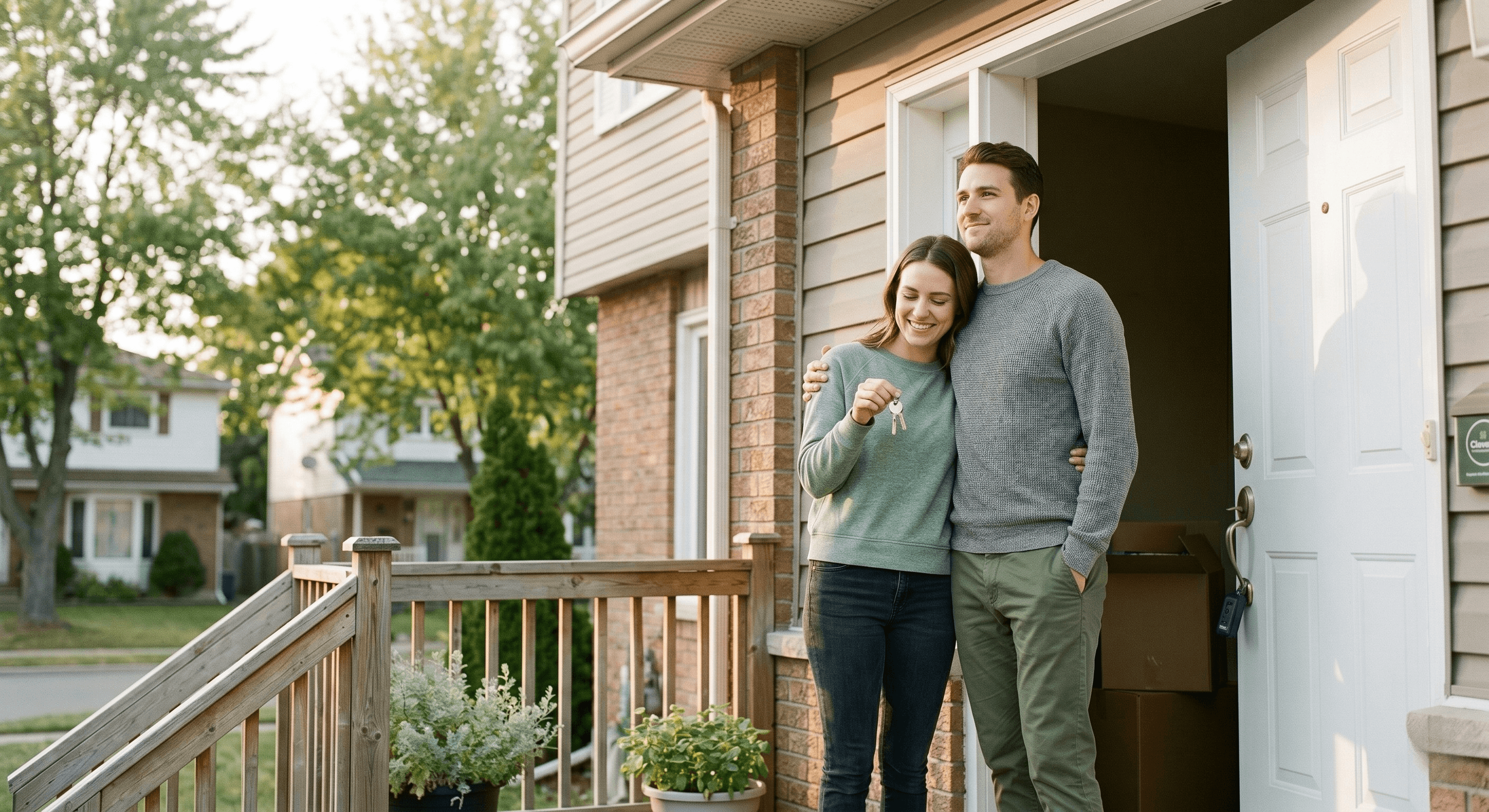Couple standing in the doorway of their new home holding keys, looking relieved and hopeful