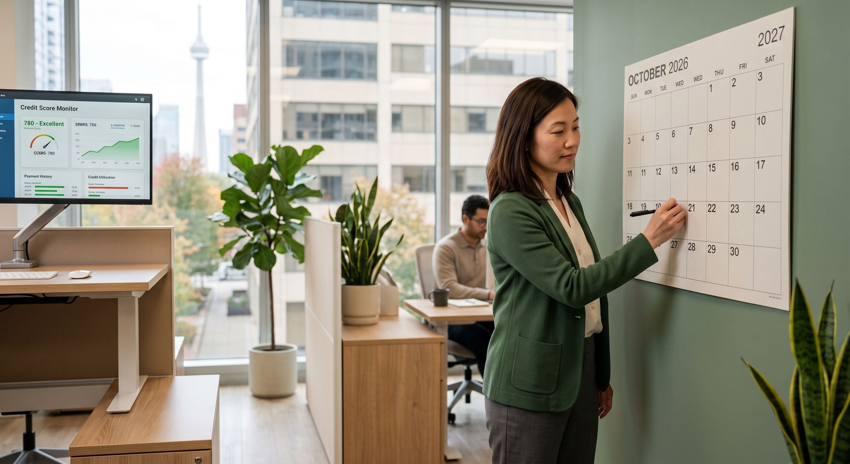 Person marking important credit dates on a wall calendar