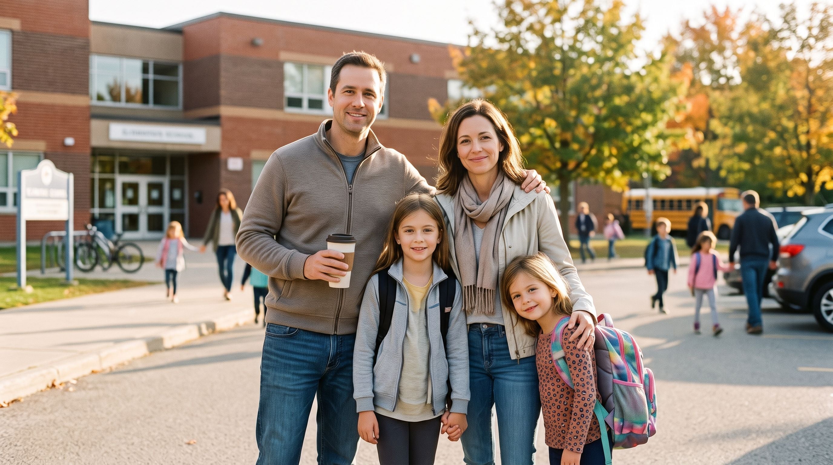 Family of four smiling in front of the kids school in the suburb of the Ontario home they were renting and are now on track to own