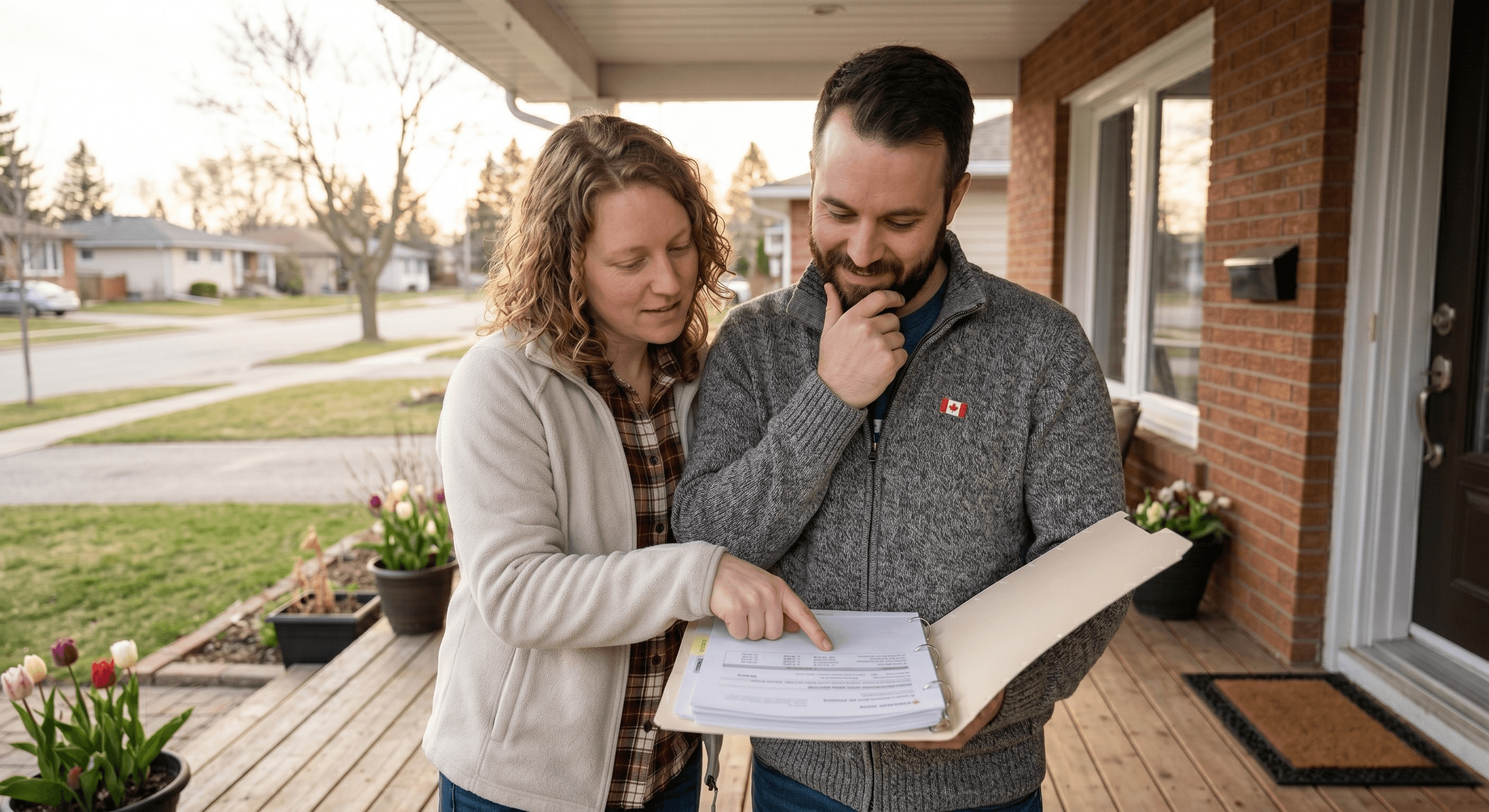 A couple reviewing rent-to-own financial documents at the house they chose, calculating their option deposit and mortgage exit timeline