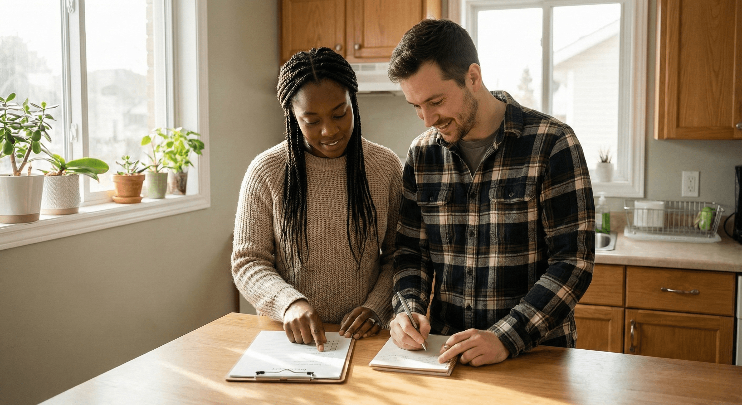 A couple reviewing their rent-to-own financial plan in the kitchen