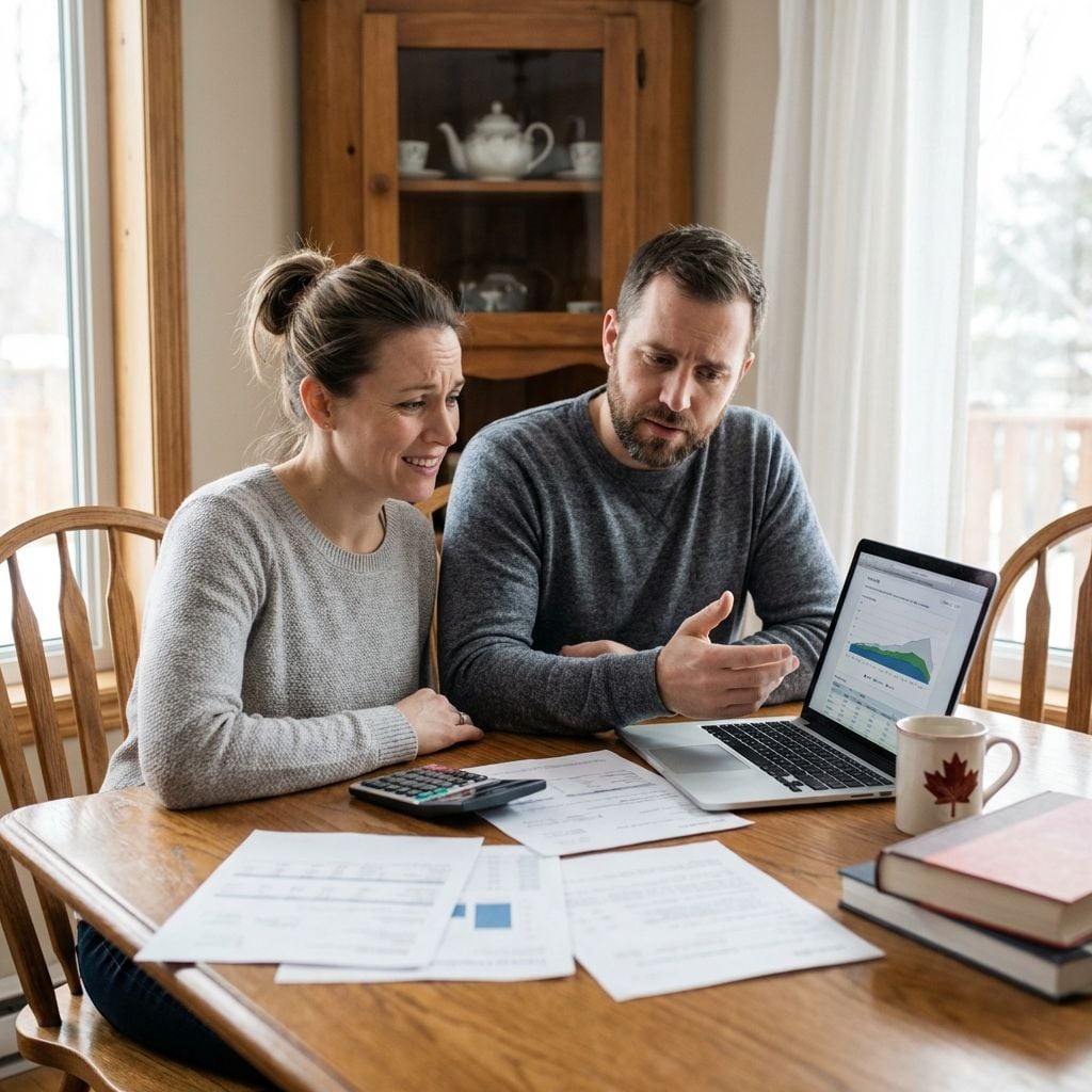 Couple reviewing financial documents at a table with a mix of concern and hope