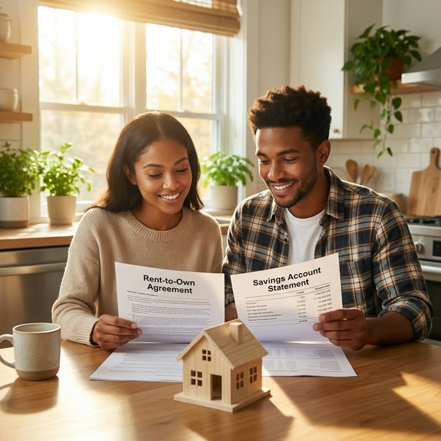 Couple reviewing financial documents at a kitchen table comparing rent-to-own and traditional saving paths to homeownership