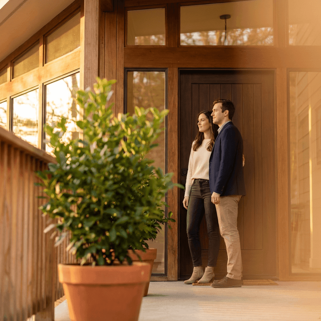 Couple standing at the entrance of a welcoming home with potted plants, symbolizing the path to homeownership while waiting for PR status